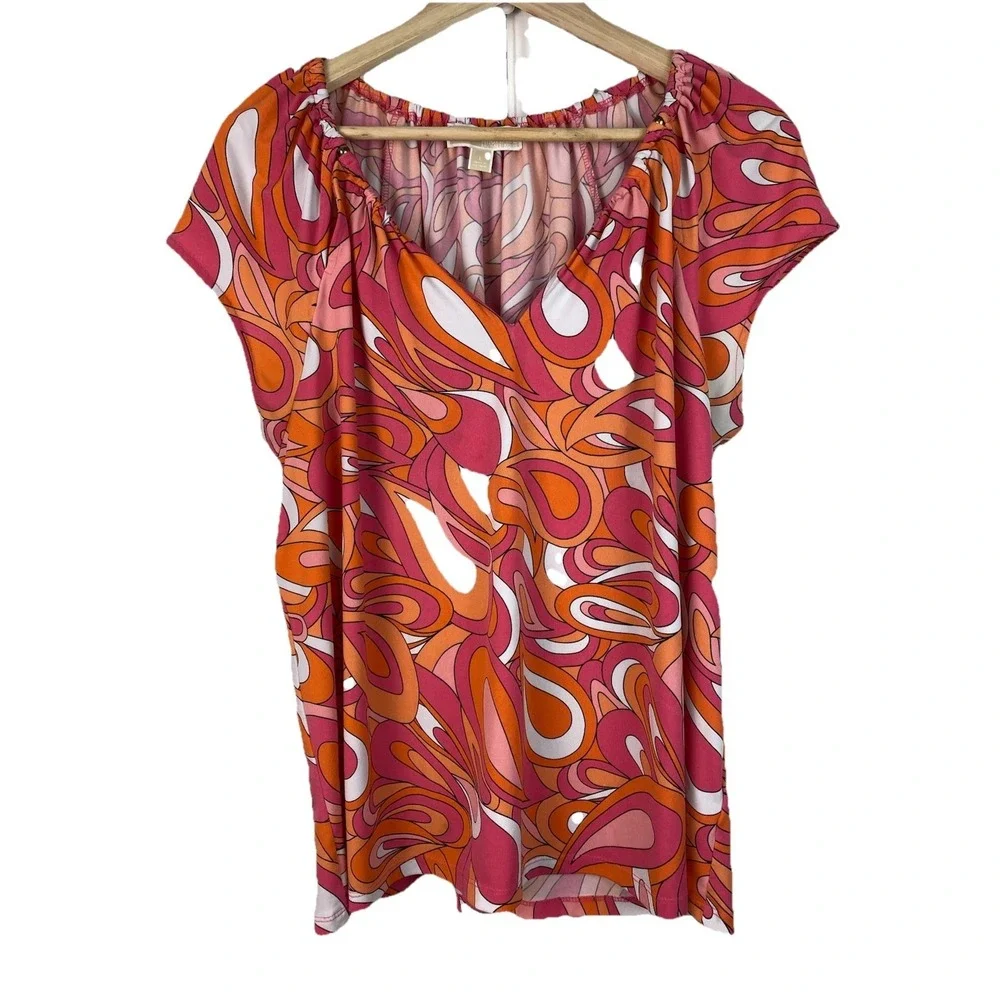 Michael Kors Women's L Orange Pink Retro Cap Sleeve Keyhole Gold Beaded Blouse